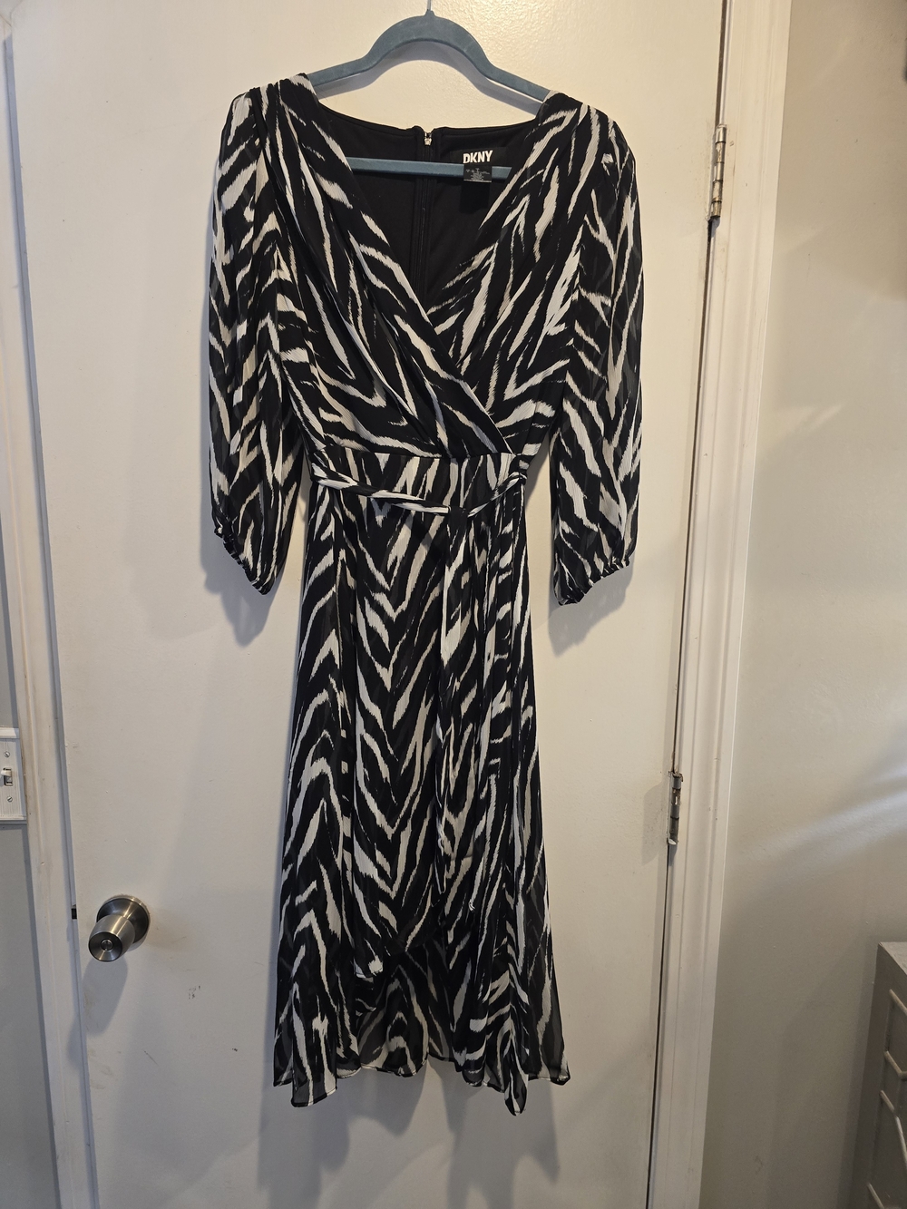 DKNY Black and White Zebra-Print Wrap Midi Dress